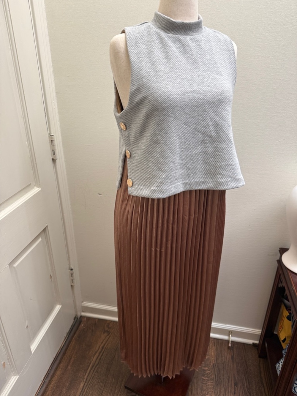 THMLPleated Brown Midi Skirt with attach mix neck top for a complete dress look